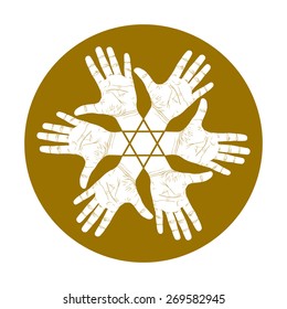 Six open hands abstract symbol with hexagonal star, detailed single color vector illustration, hand sign.