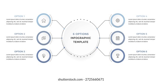 Plantilla de infografía de seis opciones con un círculo central conectado a Elementos circulares que presentan un diseño estructurado de negocios o presentaciones