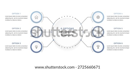 Six option infographic template with a central circle connected to circular elements presenting a structured business or presentation layout