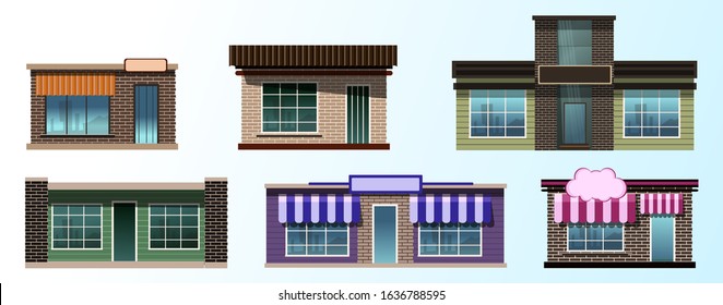 Six options for architecture buildings. Office, home, school, shopping center. Vector