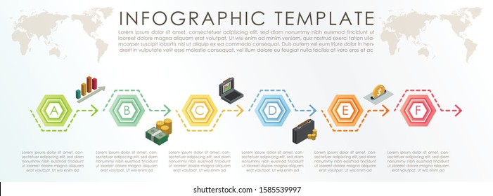 Six options hexagon timeline infographic, for business presentation, brochure, web graphic.