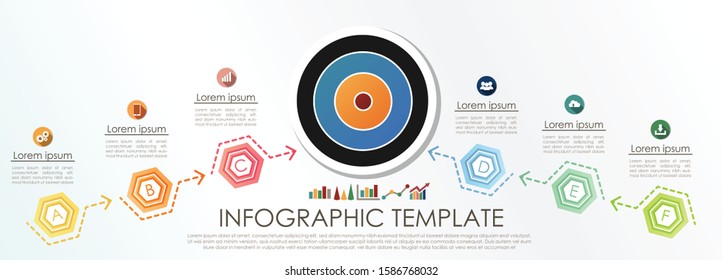 Six options hexagon timeline to target infographic, for business presentation, brochure, web graphic.