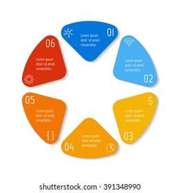 Six options infographic banner. Circular workflow layout with triangle parts. Number banner template for diagram, presentation or chart. Progress steps for tutorial. Business concept sequence banner.