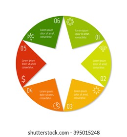 Six options infographic banner. Circular workflow layout with triangle parts. Number banner template for diagram, presentation or chart. Progress steps for tutorial. Business concept sequence banner.