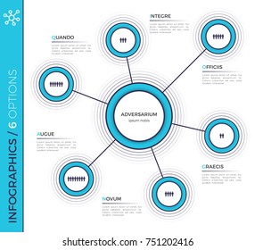 Six options minimalistic creative infographic chart, scheme, design. Vector template for presentations, data visualization, layouts; annual reports, web.