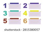 Six options numbered card list vector set featuring colorful large numbers with rounded header text boxes isolated white background
