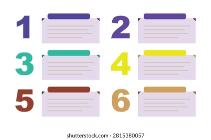 Six options numbered card list vector set featuring colorful large numbers with rounded header text boxes isolated white background