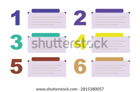 Six options numbered card list vector set featuring colorful large numbers with rounded header text boxes isolated white background
