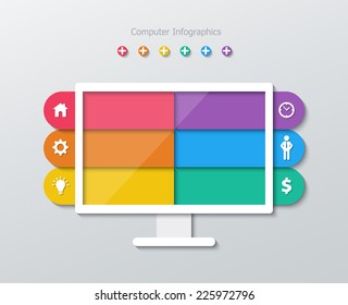 six options paper within computer monitor infographics in flat design style. vector.