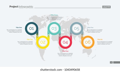 Six options process chart slide template. Business data. Step, diagram, design. Creative concept for infographic, presentation. Can be used for topics like management, marketing, logistics.
