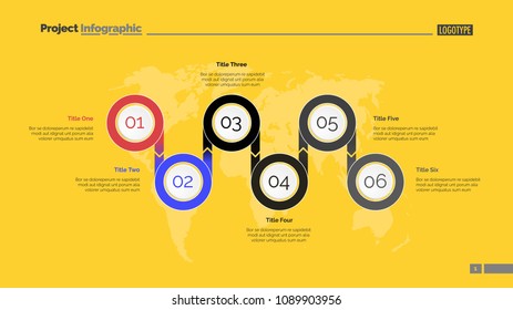 Six options process chart slide template. Business data. Step, diagram, design. Creative concept for infographic, presentation. Can be used for topics like management, marketing, logistics.