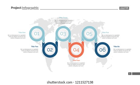 Six options process chart slide template. Business data. Step, diagram, design. Creative concept for infographic, presentation. Can be used for topics like management, marketing, logistics.