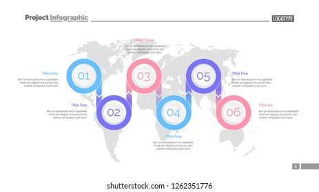 Six options process chart slide template. Business data. Step, diagram, design. Creative concept for infographic, presentation. Can be used for topics like management, marketing, logistics.