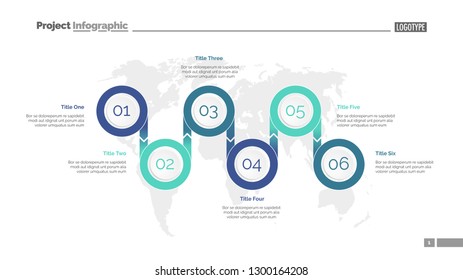 Six options process chart slide template. Business data. Step, diagram, design. Creative concept for infographic, presentation. Can be used for topics like management, marketing, logistics.