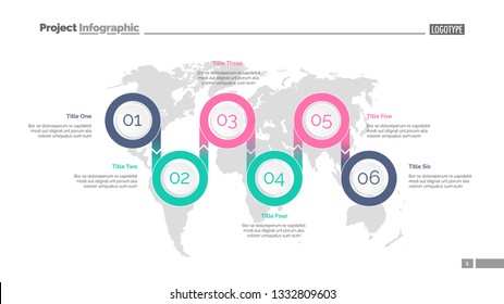 Six options process chart slide template. Business data. Step, diagram, design. Creative concept for infographic, presentation. Can be used for topics like management, marketing, logistics.