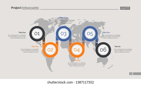 Six options process chart slide template. Business data. Step, diagram, design. Creative concept for infographic, presentation. Can be used for topics like management, marketing, logistics.