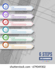 Six options or steps infographic on abstract line industrial background. Template for your design works. Vector illustration.