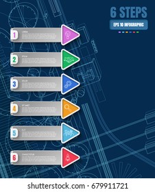 Six options or steps infographic on abstract line industrial background. Business thin line icons. Template for your design works. Vector illustration.