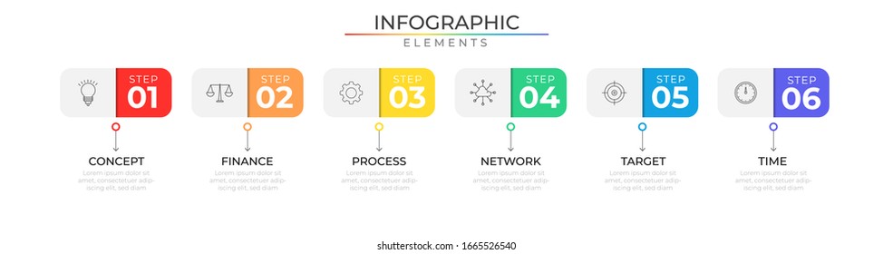 Six options timeline infographic design template with icons. Data process visualization. Vector illustration for company and corporate business project and presentation. Eps 10