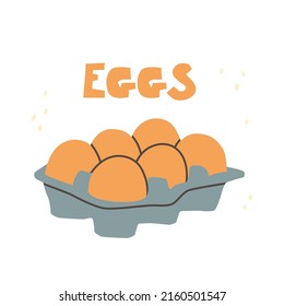 Seis huevos de pollo de naranja en una caja de cartón. Ilustración vectorial aislada en fondo blanco.