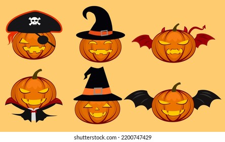 Six orange cute Halloween pumpkin lanterns in monster costume for party; pirate, witch, Dracula vampire bat demon evil. Decoration Autumn Halloween holiday celebration Vector illustration graphic icon