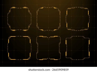 Seis quadros de vetor hud futurista laranja para interface de tecnologia. Caixas de título de texto explicativo digital. Elemento de interface do usuário do jogo e exibição de dados.