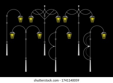 Six original lampposts with various designs. Steel structures on a black background. Vector set