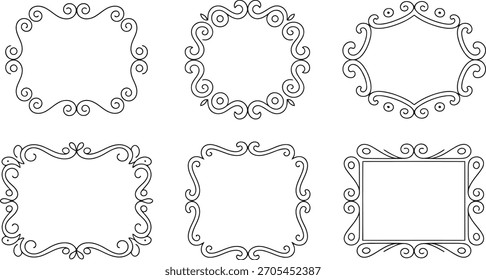Six Ornamental Frames Collection. Decorative Vintage Borders with Elegant Flourishes and Swirl Patterns.