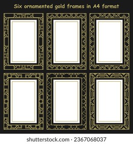 Sechs vergoldete Rahmen im A4-Format. Elegante Dekoration für Fotos, Bilder, Cover und mehr. Vektorset
