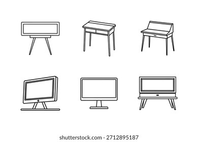 Seis Ilustraciones esquemáticas de mesas y monitores de computadora en la pantalla de la tabla
