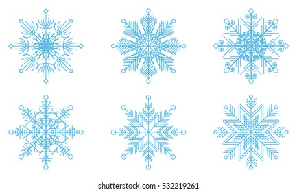 Six outline snowflakes set for design. Blue on white