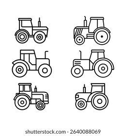 Six outline tractor icons farm equipment set
