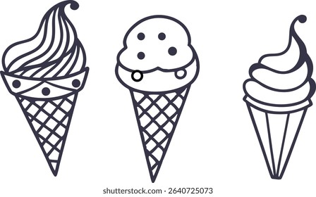 Six outlined ice cream cones with different toppings and designs on a white background. Perfect for coloring books and summer themes.