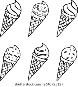 Six outlined ice cream cones with different toppings and designs on a white background. Perfect for coloring books and summer themes.