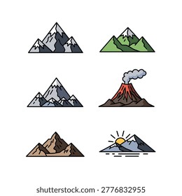 Six outlined mountain scenes show snowy peaks, green hills, a smoking volcano, rocky desert peaks, and a sunrise over mountains.