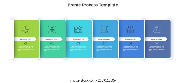 Six overlaying cards with arrows placed in horizontal row. Concept of 6 stages of strategic management process. Modern flat infographic design template. Simple vector illustration for presentation.