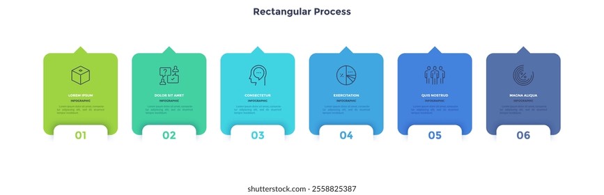 Six overlaying cards with arrows placed in horizontal row. Concept of 6 stages of strategic management process. Modern flat infographic design template. Simple vector illustration for presentation.