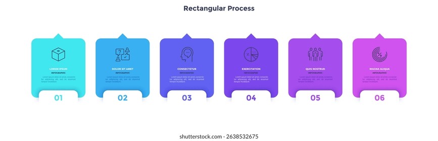 Six overlaying cards with arrows placed in horizontal row. Concept of 6 stages of strategic management process. Modern flat infographic design template. Simple vector illustration for presentation.