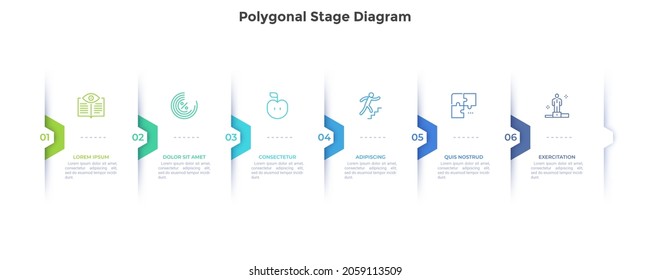 Six overlaying paper white cards with polygonal elements placed in horizontal row. Concept of 6 features of project management. Modern flat infographic design template. Minimal vector illustration.