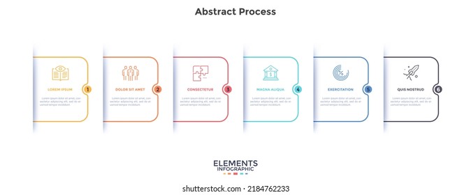 Six overlaying rectangular elements placed in horizontal row. Concept of 6 stages of project development process. Simple infographic design template. Modern flat vector illustration for banner.