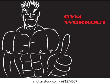 six pack abs body builder thumb up man in black background, cartoon character doodle vector