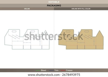Six pack carrier box dieline with handle for cans, detailed vector packaging template for beverages, editable design including precise die line for printing