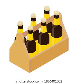 Six pack glass beer bottles isolated on white background. Vector. Isometric view