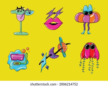 Six pack vector icons of fun summer cartoons, margarita, lightning bolt sunglasses, pool floaties, snorkeling, moon stars and planets, and a cool jellyfish. Bright neon fun colors for stickers,tattoos