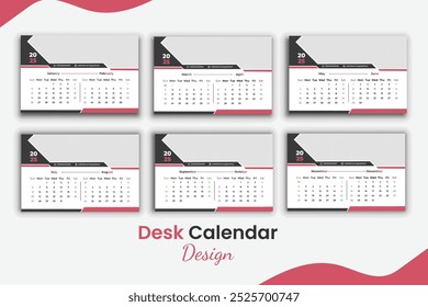 Seis páginas Plantilla de diseño de calendario 2025, diseño moderno de Plantilla de diseño, diseño de calendario de escritorio o mesa.