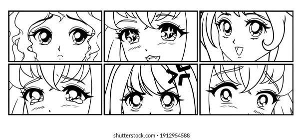 Six pairs of anime eyes look. Manga style. Japanese comic. Hand drawn vector illustration for print. Isolated on white.