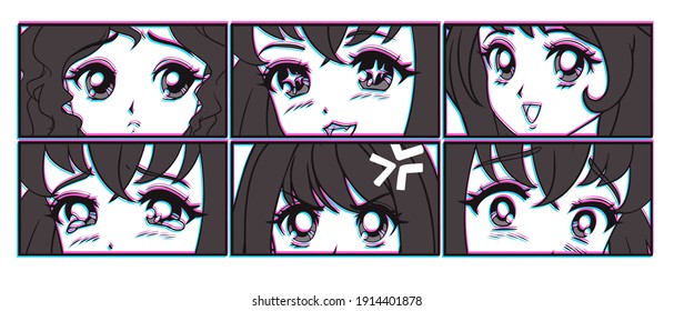 Six pairs of anime eyes look. Manga style. Japanese comic. Hand drawn vector illustration for print. Isolated on white.