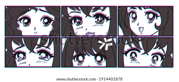 Six\
pairs of anime eyes look. Manga style. Japanese comic. Hand drawn\
vector illustration for print. Isolated on\
white.