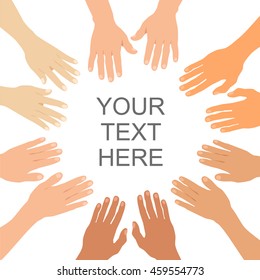 Six pairs of arms are in the shape of circle. Vector illustration on white background. The concept of friendship and mutual assistance. Space for text.