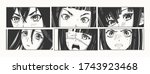 Six pairs of Asian Eyes look. Manga style. Japanese cartoon Comic concept. Anime characters. Hand drawn trendy Vector illustration. Pre-made prints. Every illustration is isolated